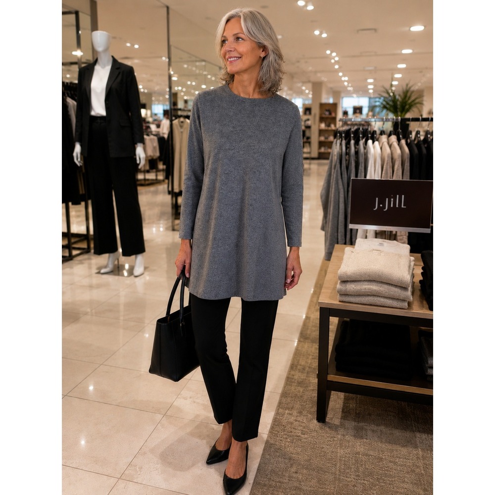 J.Jill Cashmere Tunic Sweater Heather Grey‎ Crew Neck Side Slit Size M Longline